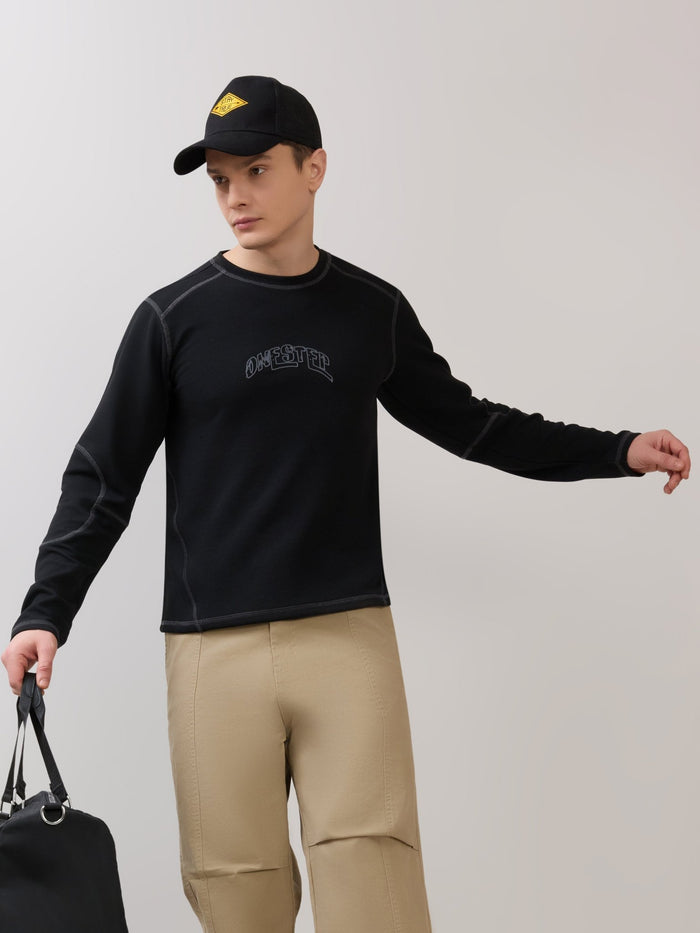 Kinoia - Onstep Printed Contrast-Stitch Relaxed Sweatshirt -  Black