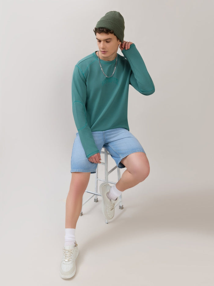 Kinoia - Onstep Printed Contrast-Stitch Relaxed Sweatshirt -  Teal Blue