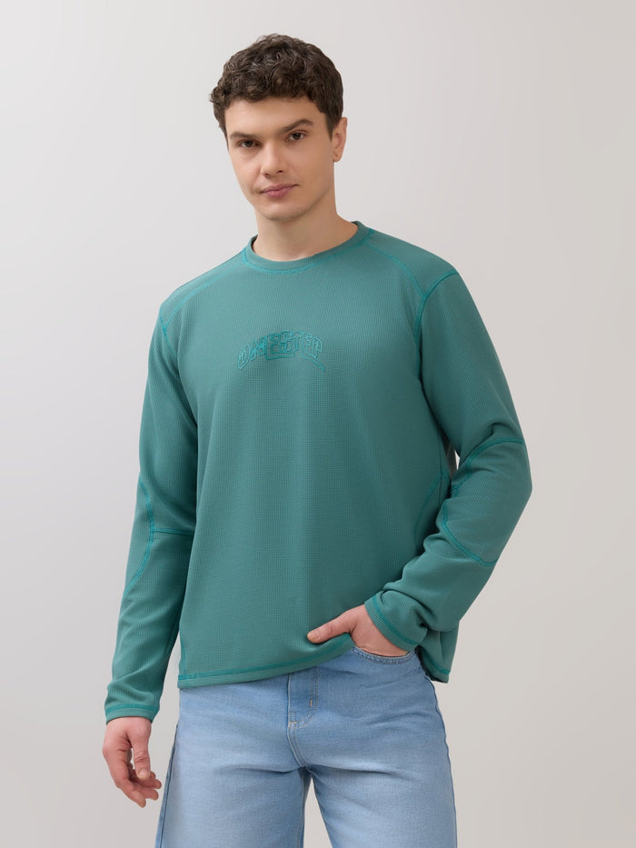 Kinoia - Onstep Printed Contrast-Stitch Relaxed Sweatshirt -  Teal Blue