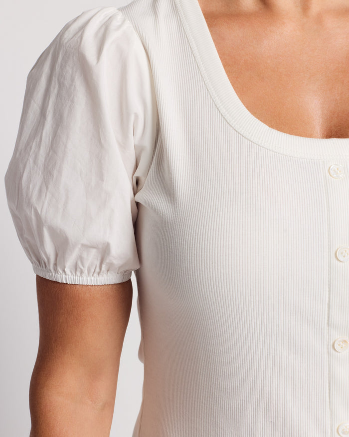 White $|& Skies Are Blue Knit Top with Contrast Sleeve - SOF Full Front