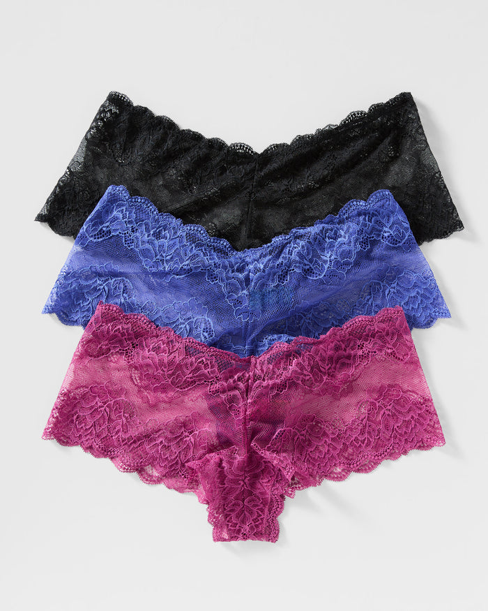 Cranberry/Sapphire/Black 3 Pack $|& Montelle Lace Cheeky Boyshort 3 Pack - SOF Front