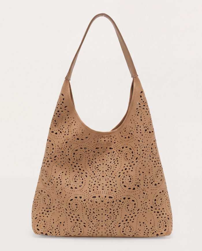 Tan $|& Joy Susan Laser Cut Eyelet Hobo - Hanger Detail