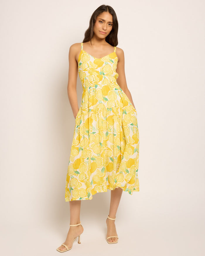 White Yellow $|& Skies Are Blue Lemon Print Midi Dress - UGC On Fig