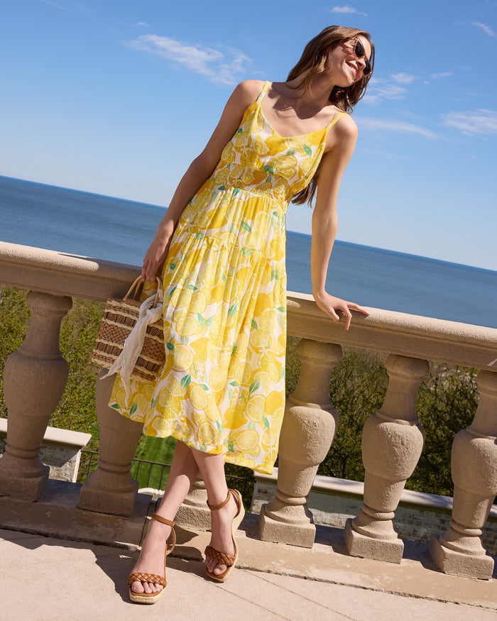 White Yellow $|& Skies Are Blue Lemon Print Midi Dress - SOF Side