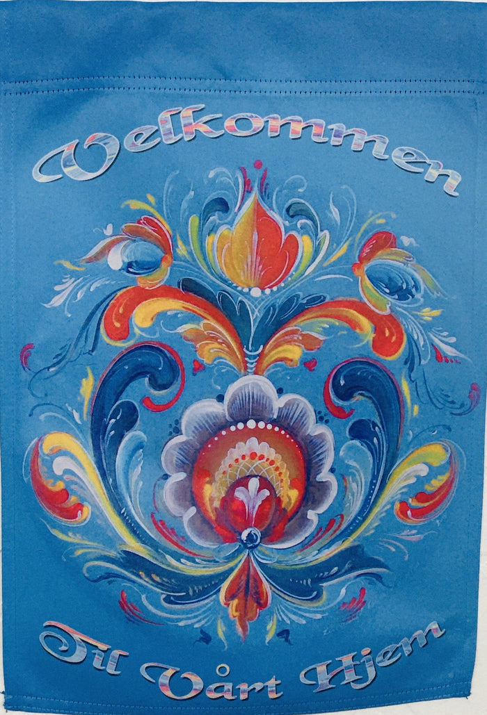 Lise Lorentzen Rosemaling Velkommen til vårt hjem garden flag