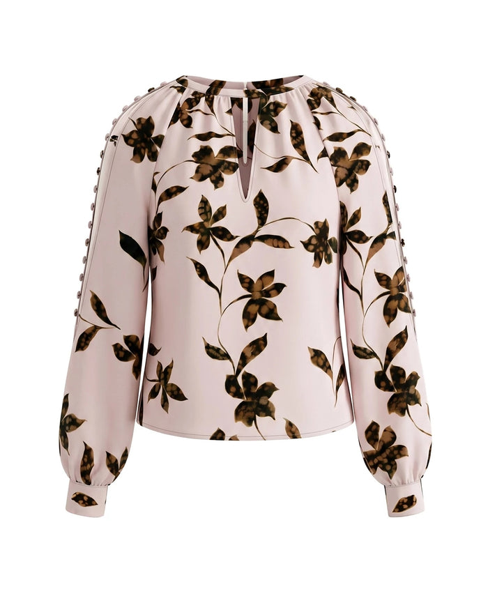 Pink Chocolate Bronze Multi $|& Liverpool Long Sleeve Blouse with Button Detail - VOF Detail