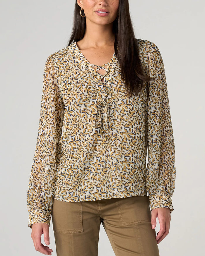 Gold Blue Multi $|& Liverpool Long Sleeve Lace Up Woven Blouse - VOF Detail
