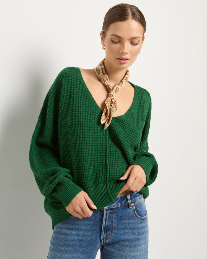 Turf Green $|& SEAS Lotus V-Neck Sweater - SOF Front