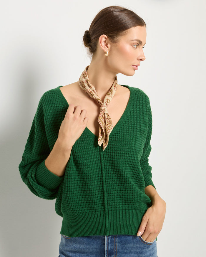 Turf Green $|& SEAS Lotus V-Neck Sweater - SOF Full Front