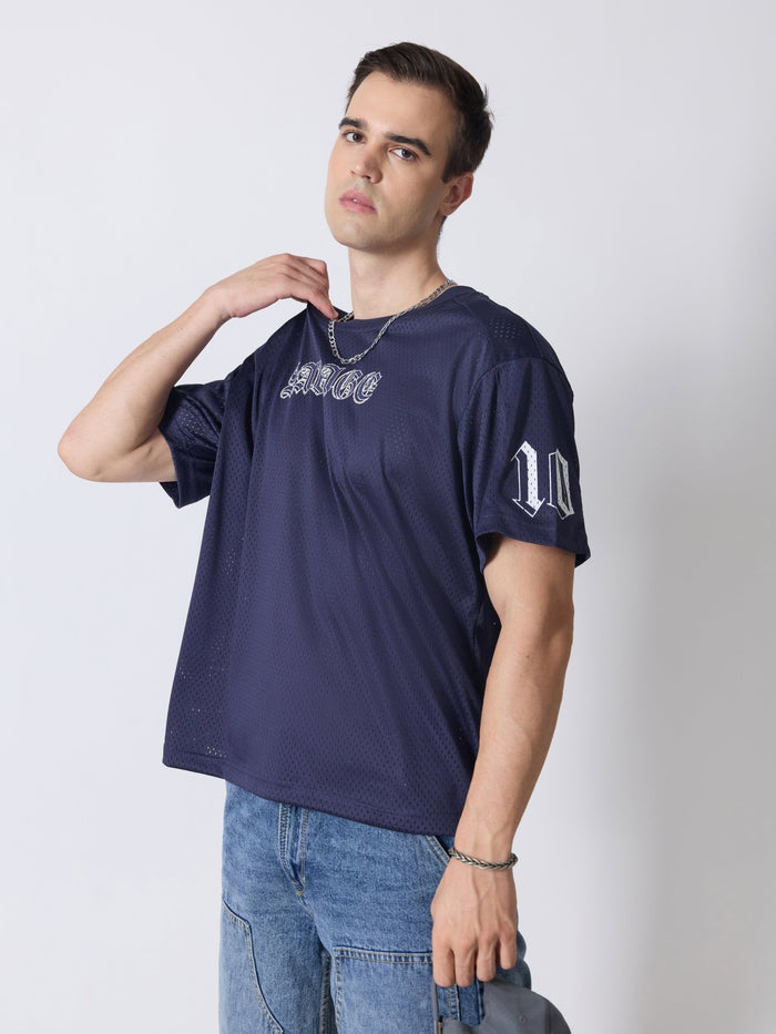Lower Moon - Savage Printed Mesh Jersey T-Shirt - Navy Blue