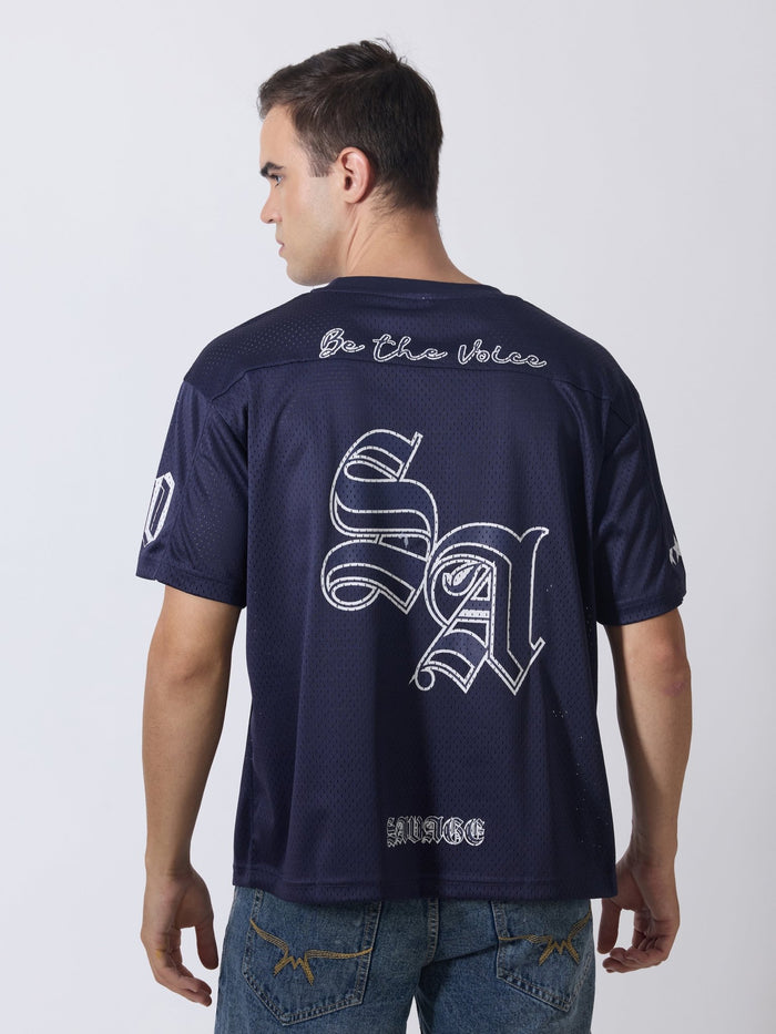 Lower Moon - Savage Printed Mesh Jersey T-Shirt - Navy Blue
