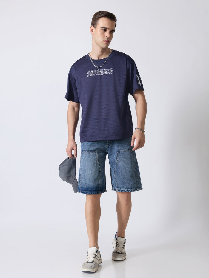 Lower Moon - Savage Printed Mesh Jersey T-Shirt - Navy Blue