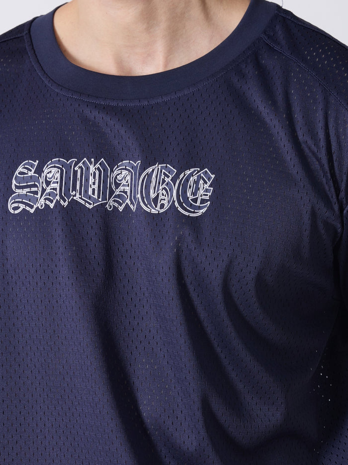 Lower Moon - Savage Printed Mesh Jersey T-Shirt - Navy Blue