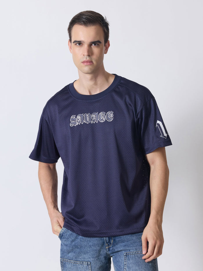 Lower Moon - Savage Printed Mesh Jersey T-Shirt - Navy Blue