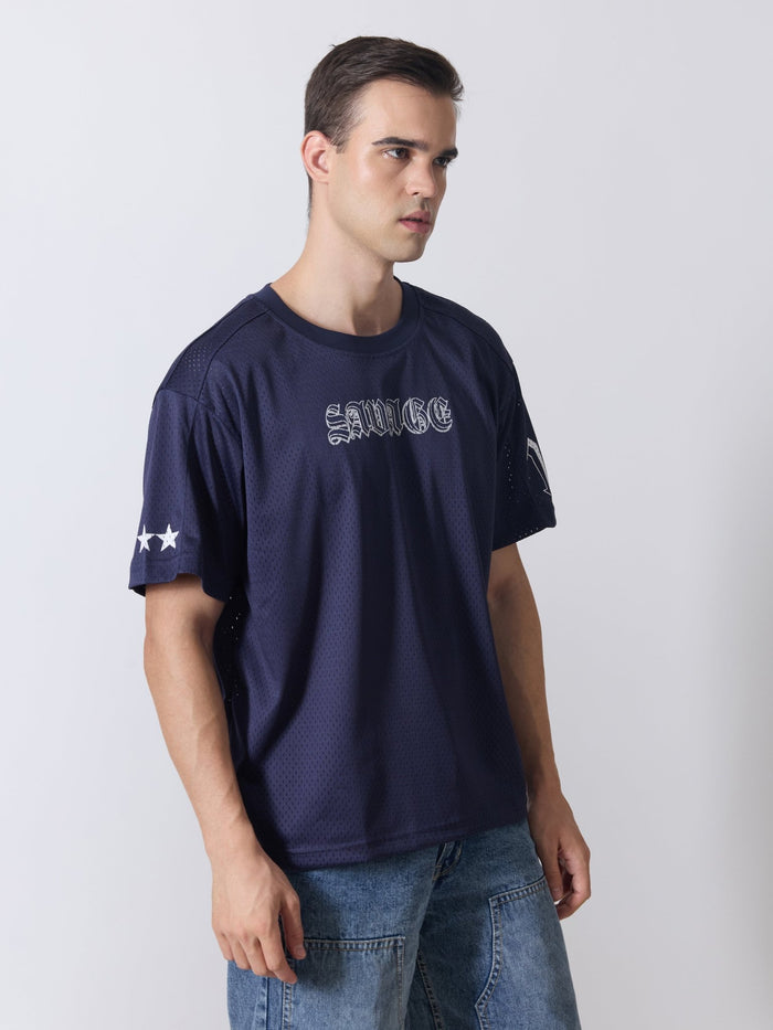 Lower Moon - Savage Printed Mesh Jersey T-Shirt - Navy Blue