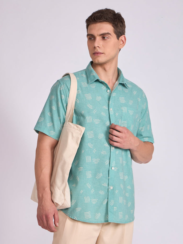 Men's Printed Half Sleeve Shirt  in Light Teal Green