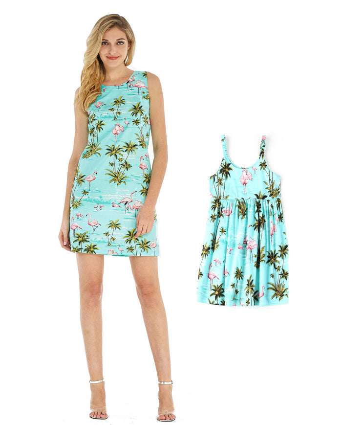 Made in Hawaii Mother Daughter Nui Set in Flamingo All Over Turquoise