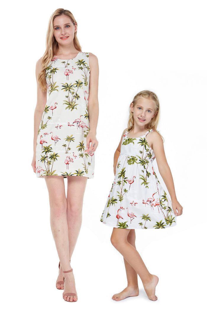 Made in Hawaii Mother Daughter Nui Set in Flamingo All Over White