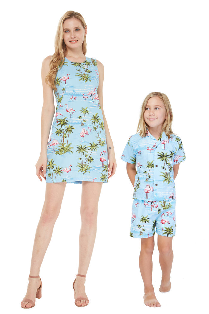 Made in Hawaii Mother Son Kumu Set in Flamingo All Over Blue