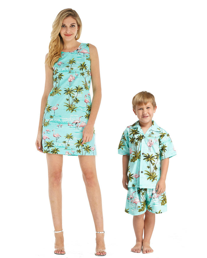 Made in Hawaii Mother Son Kumu Set in Flamingo All Over Turquoise