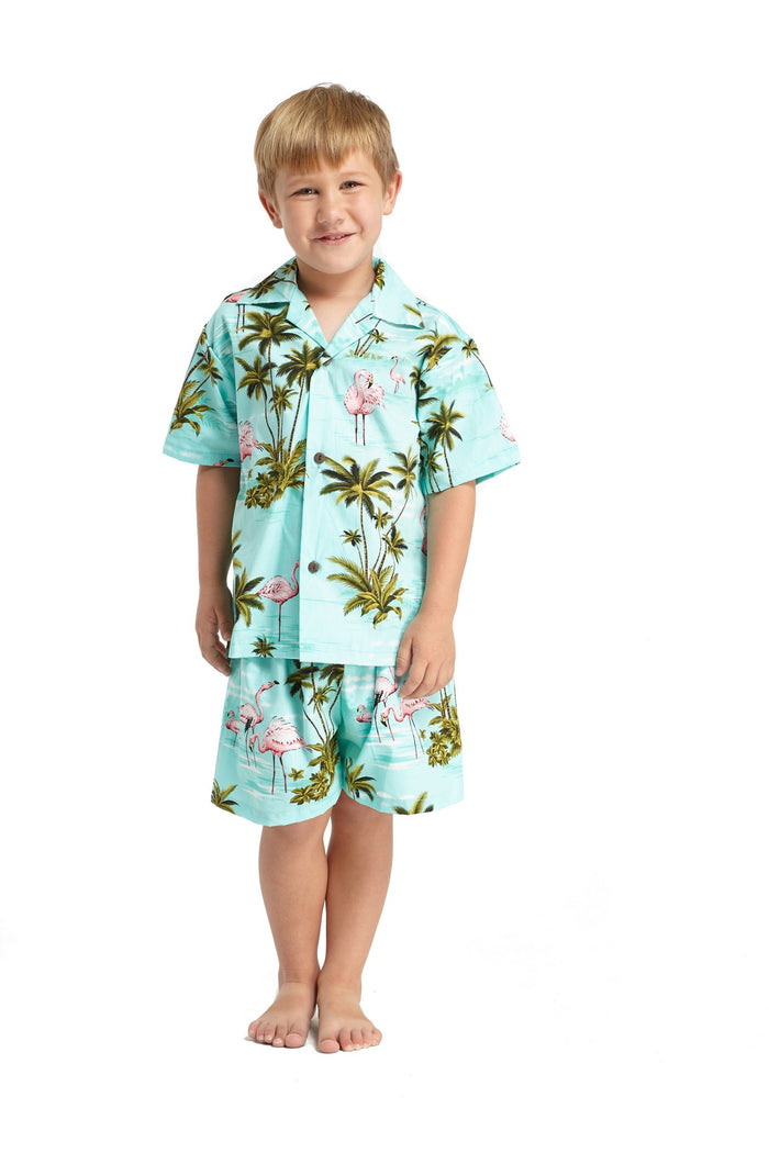 Made in Hawaii Mother Son Kumu Set in Flamingo All Over Turquoise