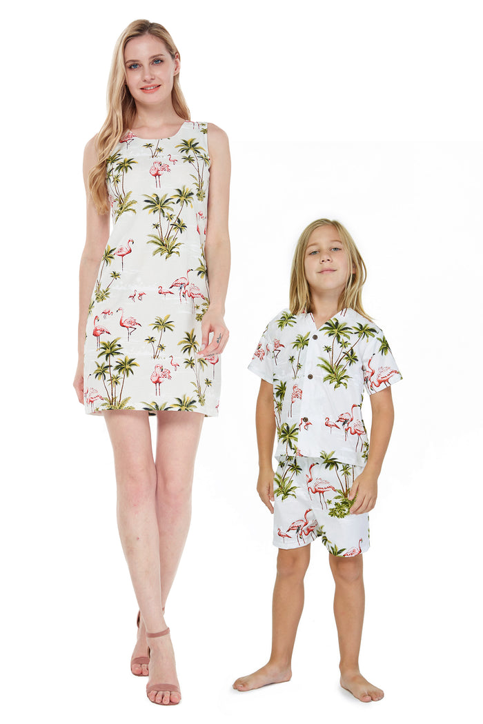 Made in Hawaii Mother Son Kumu Set in Flamingo All Over White
