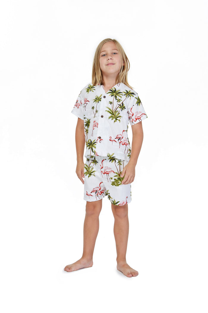Made in Hawaii Mother Son Kumu Set in Flamingo All Over White