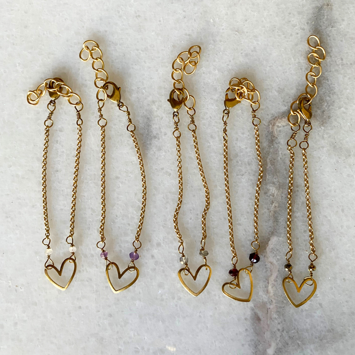 Matte Gold Heart Bracelet with Semi-Precious Stones