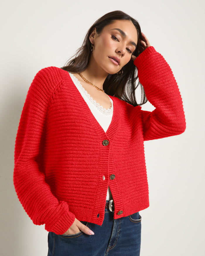 Pomegranate $|& SEAS Meadow V-Neck Cardigan - SOF Front