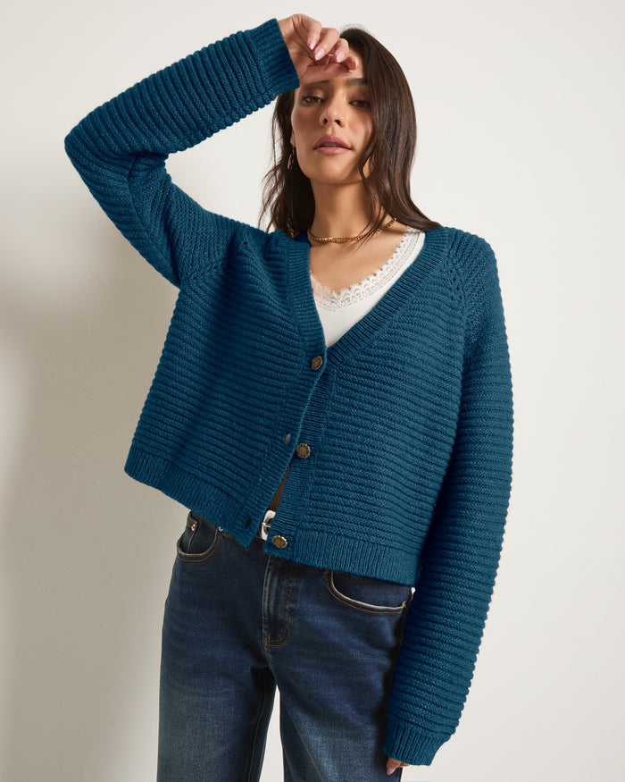 Deep Sea $|& SEAS Meadow V-Neck Cardigan - SOF Front