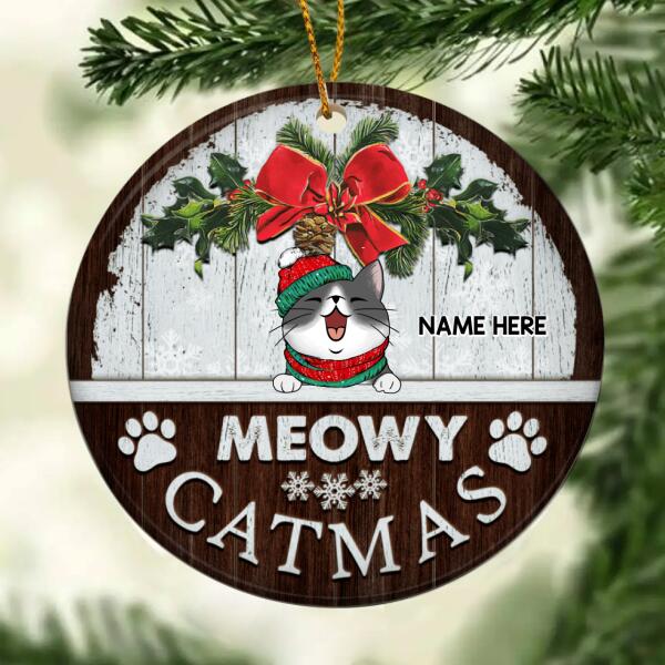 Meowy Catmas, Floral Circle Ceramic Ornament, Personalized Cat Breeds Ornament, Xmas Gifts For Cat Lovers