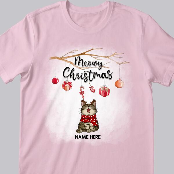 Meowy Christmas, Laughing Cats With Gifts Candy Canes Bauble Cherry, Personalized Cat Christmas T-shirt