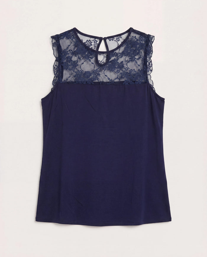 Navy $|& Loveappella Mesh Dot Front Top - Hanger Detail