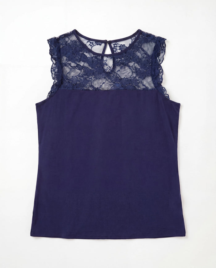 Navy $|& Loveappella Mesh Dot Front Top - Hanger Detail