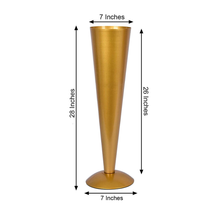 Gold cone-shaped vase, 28 inches tall, 7 inches wide.