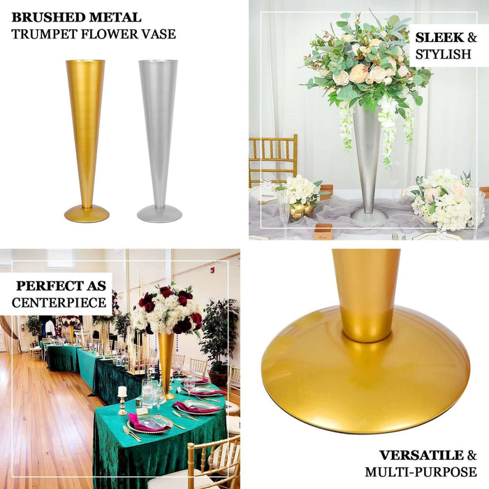 Brushed metal trumpet flower vases in gold, silver, and stylish floral arrangements.