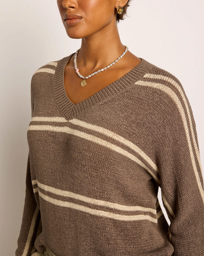 Ashwood/Grey Stripe $|& SEAS Mila Striped V-Neck Sweater - VOF Front
