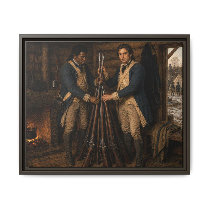 Black and white Continental Army soldiers inspecting stacked flintlock muskets inside a Revolutionary War barracks during winter quarters.