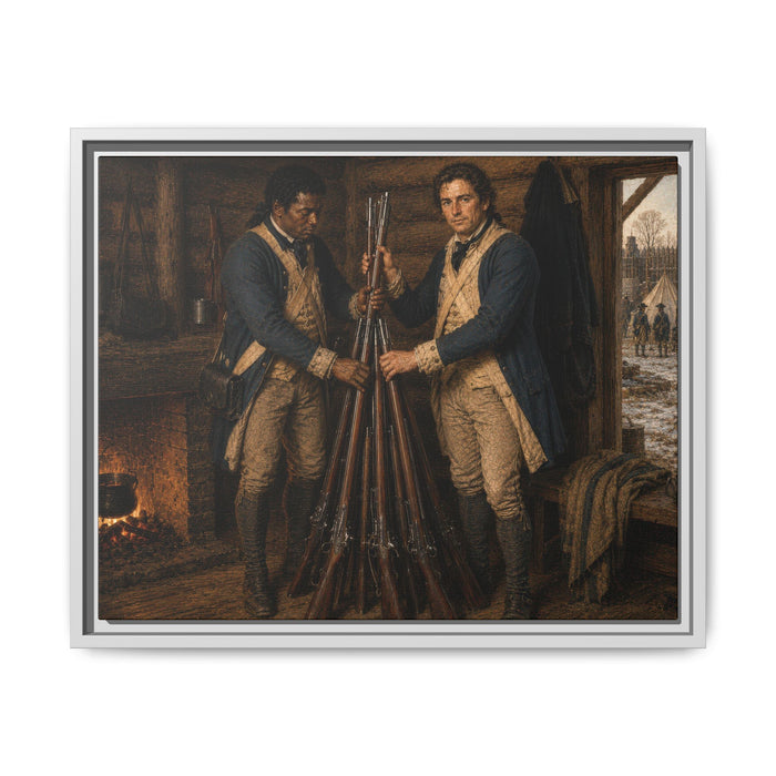 Museum-inspired historical portrait of two Continental soldiers organizing Charleville muskets beside a hearth in a log barracks.