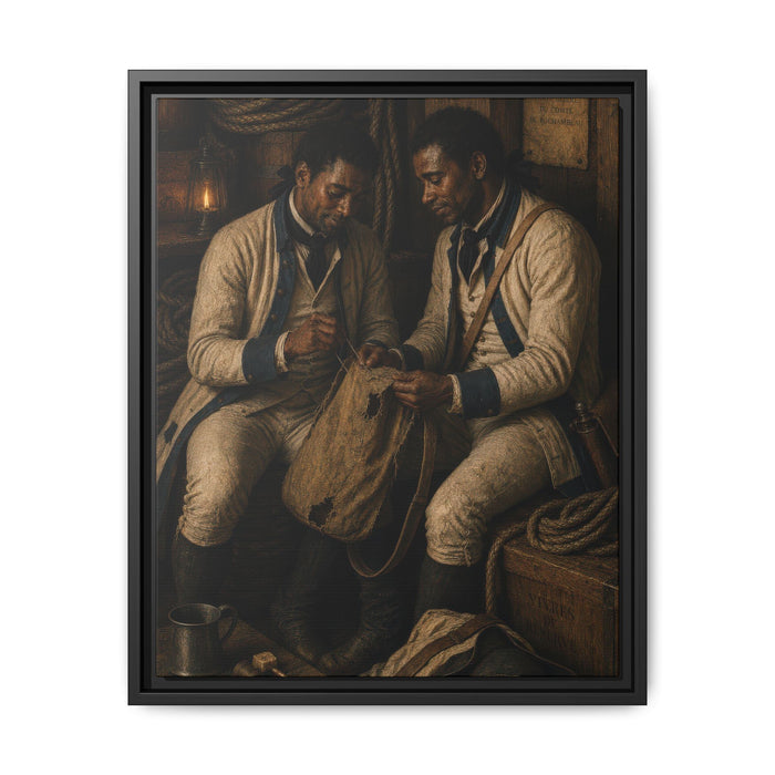 Black soldiers of the French Expédition Particulière repairing a campaign haversack inside a Revolutionary War supply storehouse.
