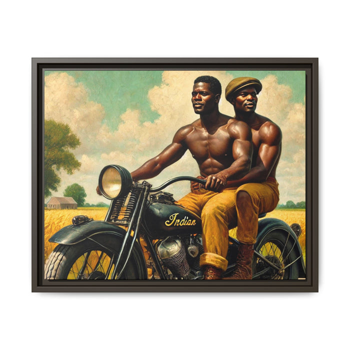 Framed artwork of an African-American gay couple riding a vintage motorcycle through scenic Iowa countryside, celebrating love and unity. Grant Wood Inspired