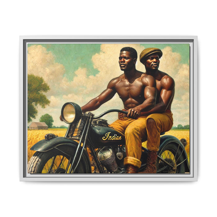 Framed artwork of an African-American gay couple riding a vintage motorcycle through scenic Iowa countryside, celebrating love and unity. Grant Wood Inspired
