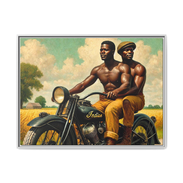 Framed artwork of an African-American gay couple riding a vintage motorcycle through scenic Iowa countryside, celebrating love and unity. Grant Wood Inspired