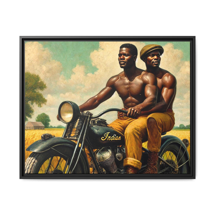Framed artwork of an African-American gay couple riding a vintage motorcycle through scenic Iowa countryside, celebrating love and unity. Grant Wood Inspired
