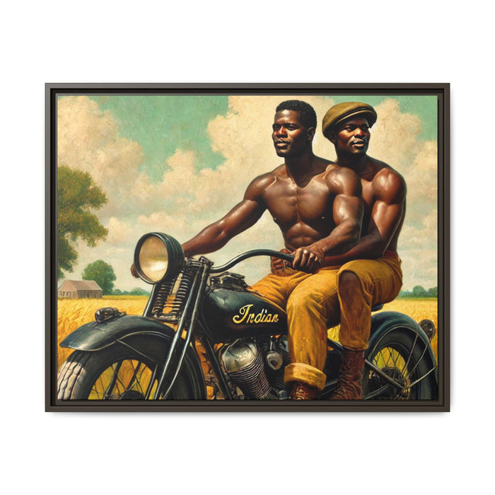 Framed artwork of an African-American gay couple riding a vintage motorcycle through scenic Iowa countryside, celebrating love and unity. Grant Wood Inspired