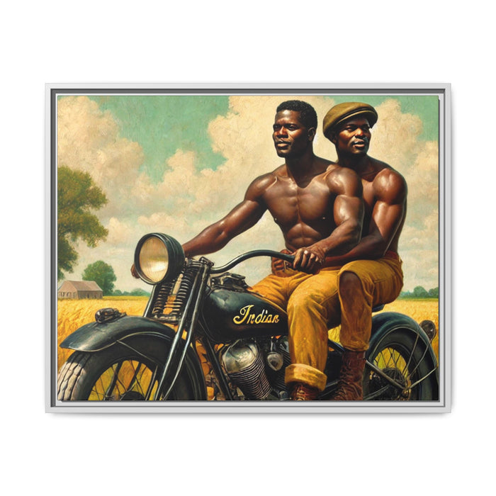 Framed artwork of an African-American gay couple riding a vintage motorcycle through scenic Iowa countryside, celebrating love and unity. Grant Wood Inspired