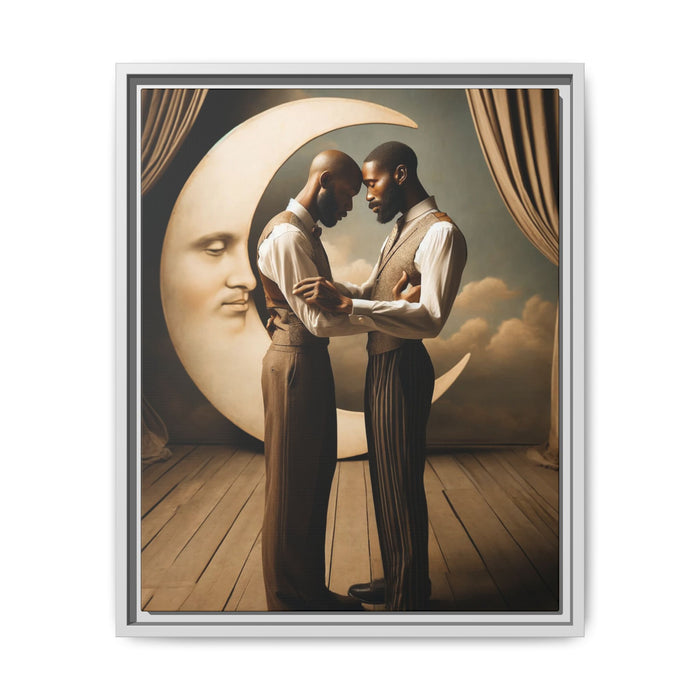 Two Black men in vintage 1920s clothing stand forehead to forehead, embraced beneath a glowing crescent moon. A theatrical scene honoring queer love, memory, and history, reclaiming moments that were never captured due to cultural bias.