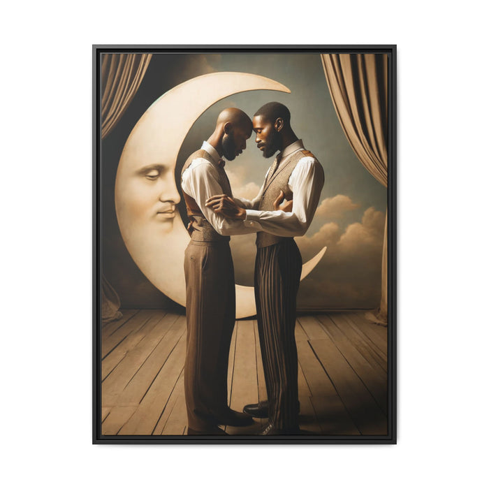 Two Black men in vintage 1920s clothing stand forehead to forehead, embraced beneath a glowing crescent moon. A theatrical scene honoring queer love, memory, and history, reclaiming moments that were never captured due to cultural bias.