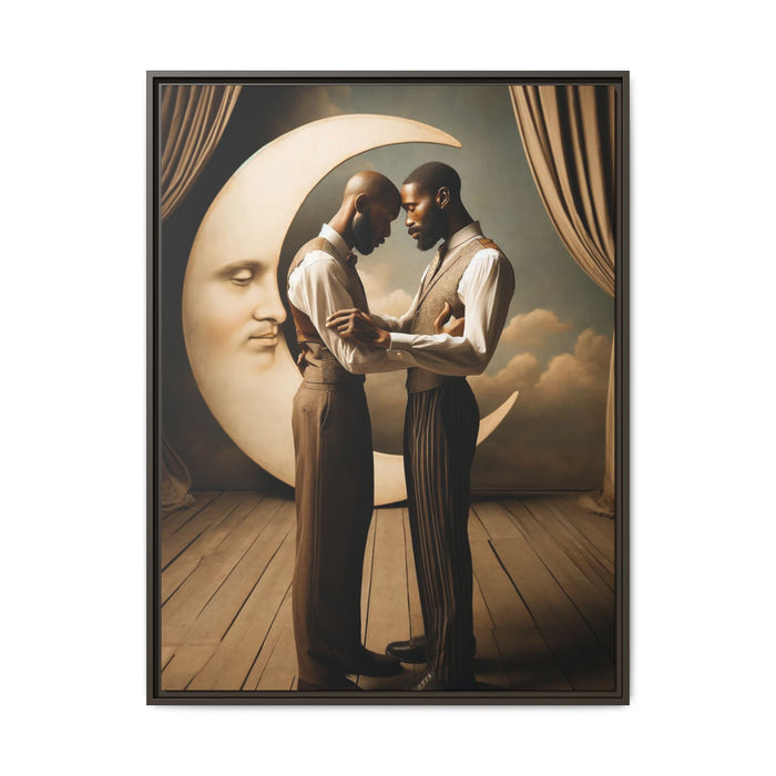 Two Black men in vintage 1920s clothing stand forehead to forehead, embraced beneath a glowing crescent moon. A theatrical scene honoring queer love, memory, and history, reclaiming moments that were never captured due to cultural bias.