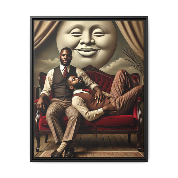 Vintage-style artwork of two Black men in 1920s clothing sitting and reclining together on a red velvet couch beneath a smiling full moon. The scene reclaims queer Black history and affection once lost to bias and invisibility.